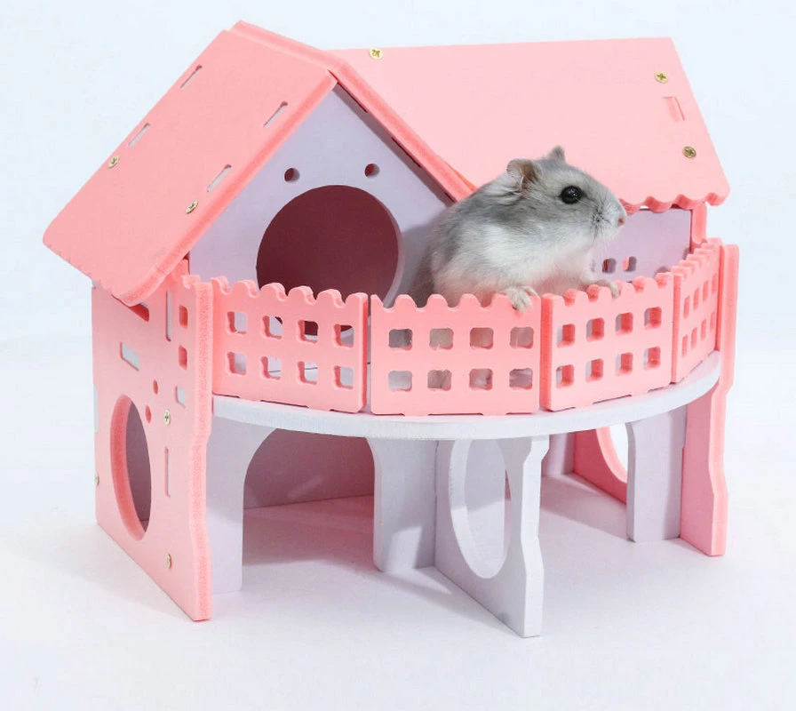 2 Story Hamster House with Stairs Lovely Pet Pink Castle Hideout Mouse Rat Hamster Cage Nest Two Layer Wooden House Sleeping Exercising Playing Toy Wbb17424