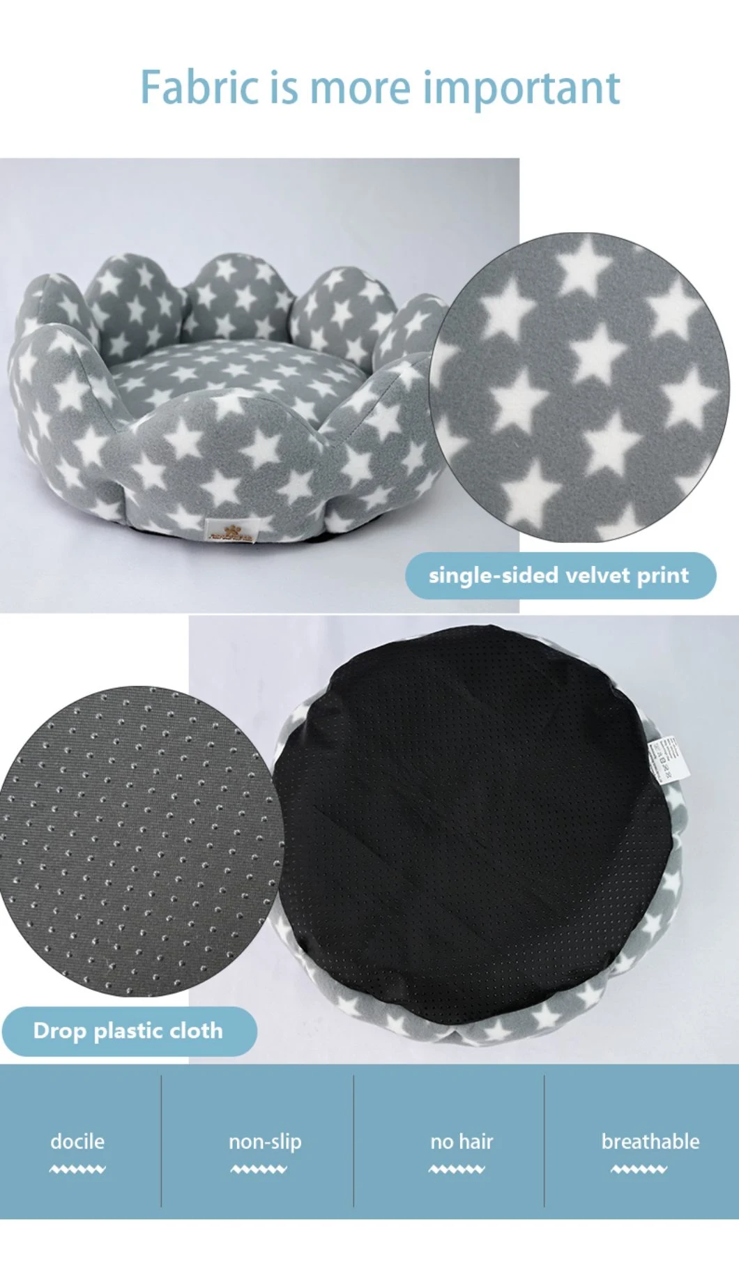 Wholesale Designer Star Pattern Grey Warm Flannel Indoor Round Nest Pet Beds