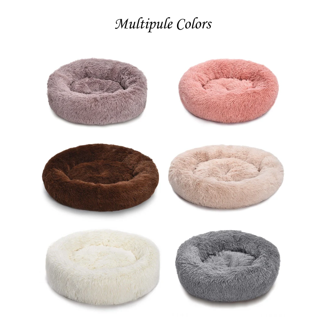 Long Faux Fur Fabric Dog Bed Comfortable Donut Round Dog Bed Super Soft Washable Pet Cushion Bed