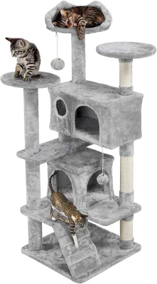 Torre de escalada para gatos de varios niveles, color gris claro, con 2 condominios/2 bolas para rascar/3 postes para rascar/escalera, azul marino